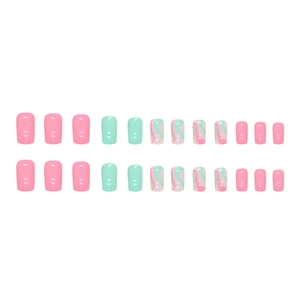 Short square press-on nails set with pink, mint green and marble pattern finish