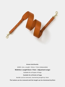 Brown leather bag strap 4cm wide with adjustable length and gold metal buckles