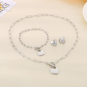 Silver stainless steel jewelry set with heart pendants and OT buckle on paperclip chains