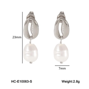 Stainless steel shell earrings with baroque pearl drops and detailed dimensions