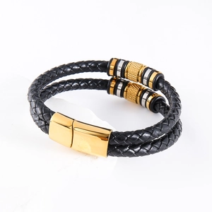 Double-layered braided black leather bracelet with magnetic gold stainless steel clasp