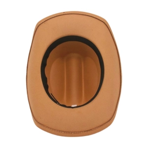 Detail view of camel cowboy hat interior featuring black sweatband and white care label
