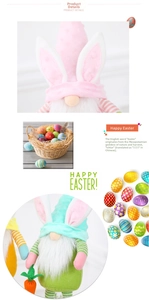 Detailed view of Easter gnome plush with rabbit ears and colorful decorative eggs