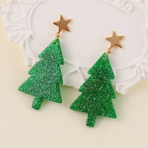 Elegant Christmas tree earrings with green glitter finish and golden stars for festive look