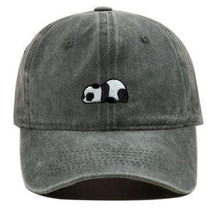 Detailed embroidery of a panda on a vintage washed dark gray cotton baseball cap
