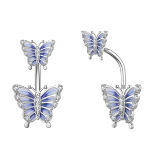 Detailed view of silver belly rings featuring blue gradient butterfly wings with zircons