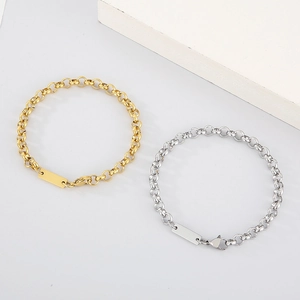 Minimalist stainless steel Rolo chain bracelet with blank rectangular tag in gold and silver