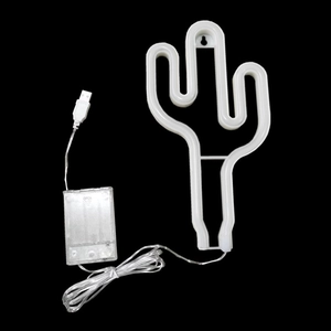 Detail of neon cactus light showing USB plug and transparent battery box power options