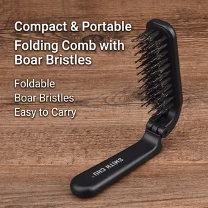 Foldable Boar Bristle Hair Brush Portable Anti-Static Massage Beard Comb For Men Travel Grooming Styling Tool