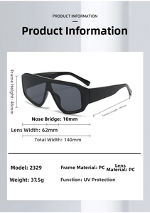 Detailed size specifications for oversized wrap-around sunglasses with PC frame and lens