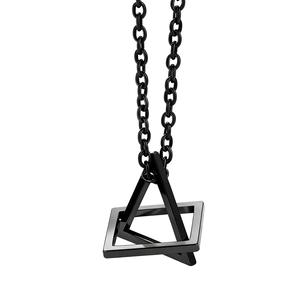 Minimalist black geometric necklace with square and triangle interlaced pendants