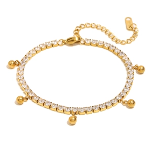 18K gold plated stainless steel bracelet with zircon stones and dangling gold beads