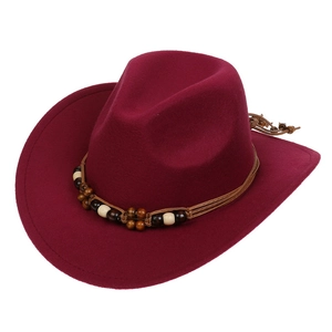 Detail of burgundy wool felt cowboy hat with brown braided cord and wooden beads