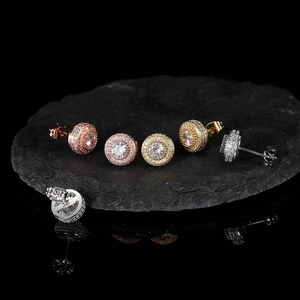 Hip Hop Round Full Zirconia Stud Earrings Copper 925 Sterling Silver Post Iced Out Jewelry For Men Women Daily Decorative