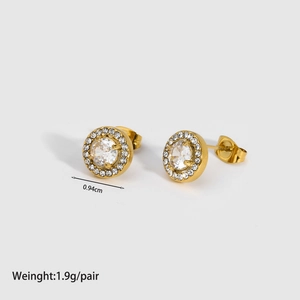 Detailed size view of round emerald zircon earrings with dimensions and weight specs
