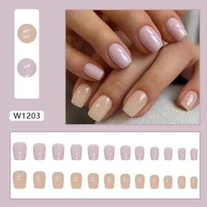 Glossy short ballet fake nails in apricot and lavender purple color block design