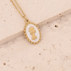 Gold stainless steel necklace featuring an elegant cameo lady portrait pendant on beige stone