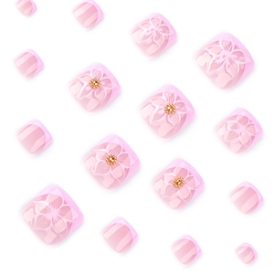 Pink French ombre press-on toenails with 3D floral patterns and gold beads