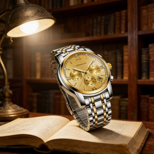 Elegant men's gold-tone stainless steel watch elegantly displayed on an antique book