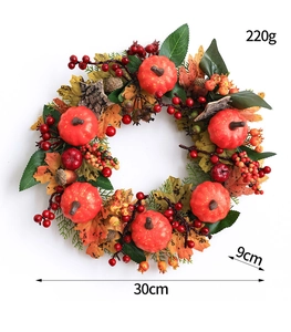 Detail view of 30cm autumn wreath with pumpkins and berries showing size specifications