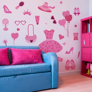 Roze Prinsessenstijl Muursticker Voor Meisjes Kinderkamer Decoratie PVC Verwijderbare Zelfklevende Jurk Hoge Hakken Tas Muurschildering