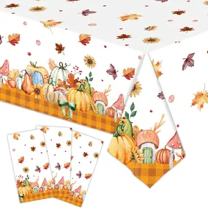 Autumn Thanksgiving tablecloth set with pumpkin maple leaf patterns and orange plaid borders