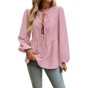 Women's casual striped blouse featuring lantern sleeves and a lace-up neckline