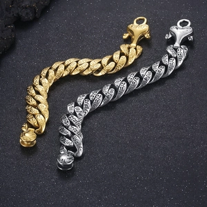 Punk style Egyptian hieroglyphic engraved Cuban link bracelets in gold and silver finish