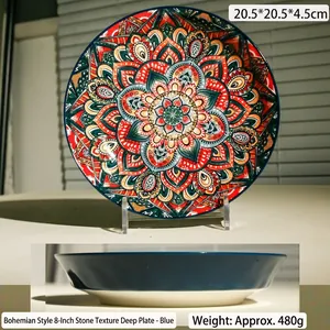 8-inch Bohemian ceramic pasta bowl with blue base and vibrant mandala flower pattern