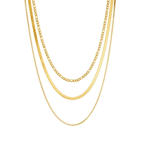 Three-layer gold necklace set featuring Figaro, herringbone, and delicate box chain styles