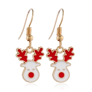 Detail of white reindeer Christmas earrings with red antlers and gold hooks