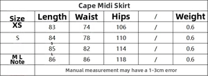 Detailed size guide for double-breasted blazer and skirt set, from XS to L