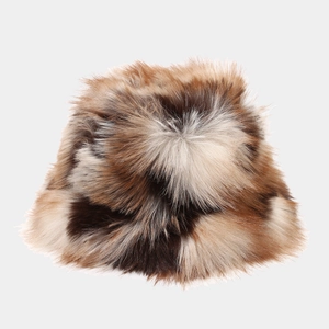 Women's fuzzy bucket hat with brown faux fur texture for winter outdoor warmth