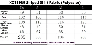 Size chart showing polyester shirt measurements for XS to L with gradient stripe details