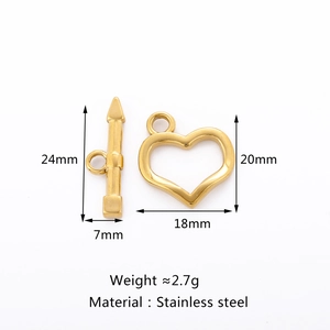 Detailed size specifications for a gold heart-shaped stainless steel OT toggle clasp