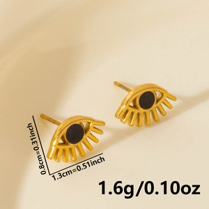 Macro view of gold stainless steel eye stud earrings with detailed product dimensions