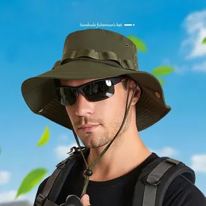 Outdoor Bucket Hat Nylon Wide Brim Breathable Sun Protection Fishing Hiking Boonie Hat With Adjustable Windproof Rope Men