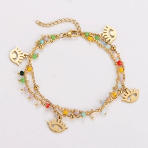 Double-layer gold stainless steel bracelet with evil eye pendants and colorful beads