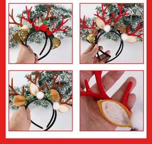 Detail of Christmas reindeer antler headband with sequins, bells, and velvet texture
