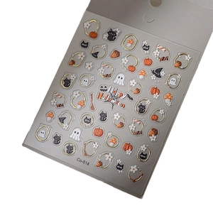 3D Halloween nail art stickers with pumpkin, ghost, and black cat motifs with gold foil