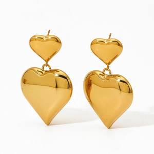Polished gold hollow double heart dangle earrings with a high-shine mirror finish