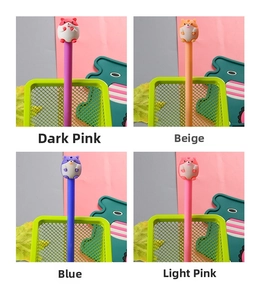 Close-up of four colored pens featuring cute hamster character toppers for students