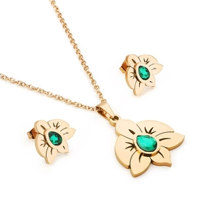 Parure de bijoux florale dorée élégante avec collier et boucles d'oreilles en zircon vert