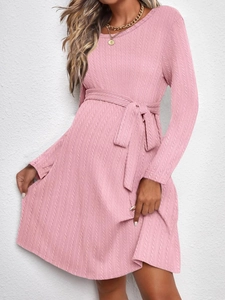 Elegant Long Sleeve Maternity Dress Knitted Texture Round Neck A-Line Solid Color Pink With Belt For Pregnant Women
