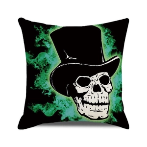 Halloween Trick or Treat skeleton cushion cover in square linen cotton fabric