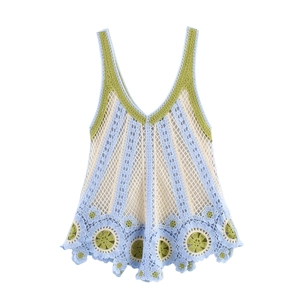Top À Bretelles Crocheté Femme Tricoté Ajouré Col En V Motif Floral Bohème Sans Manches Gilet Doux