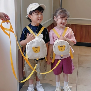 Kids canvas backpack with cartoon tiger patch and yellow anti-lost safety leash