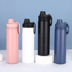 Four different colors of stainless steel sports bottles with magnetic lids and carry loops