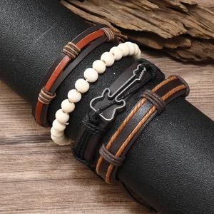 Vintage multilayer leather bracelet set with metal guitar charm and white beads for men