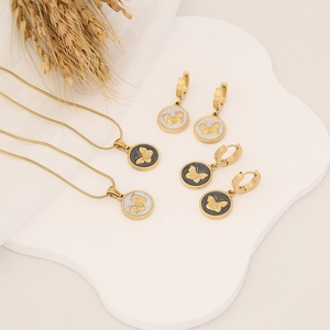 Stainless Steel Butterfly Jewelry Necklace And Earrings For Women Gold Plated Enamel Round Pendant Fashion Jewelry